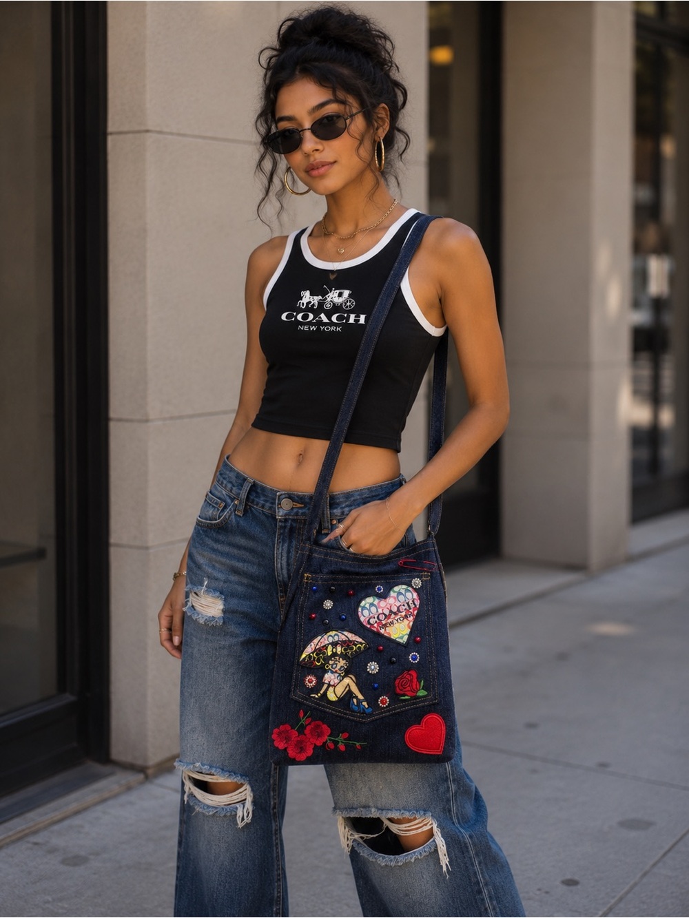 Repurposed Denim Embroidered Junk Navy Crossbody Bag with Multicolor Accents